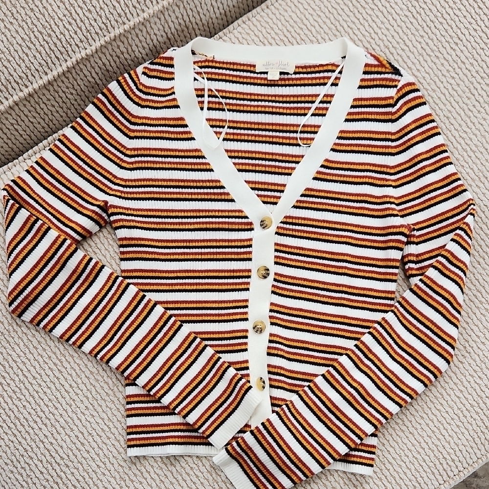 Striped Button-Up, Thin Cardigan Sweater, Medium, Ultra Flirt